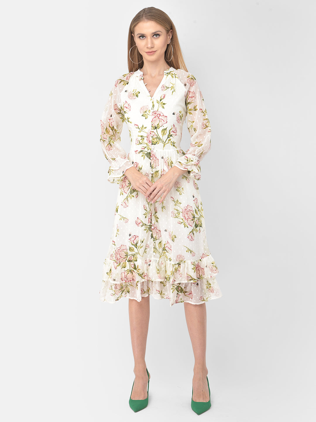 Ivory Long Sleeves V-Neck Printed Knee Length Dress For Casual Wear