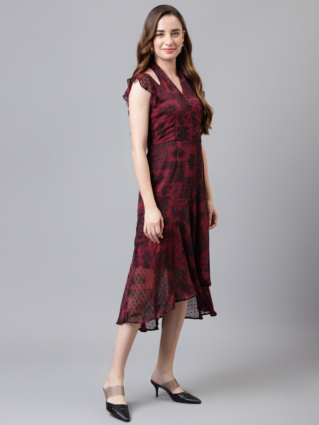 Maroon Cap Sleeve Printed Long A-Line Dress