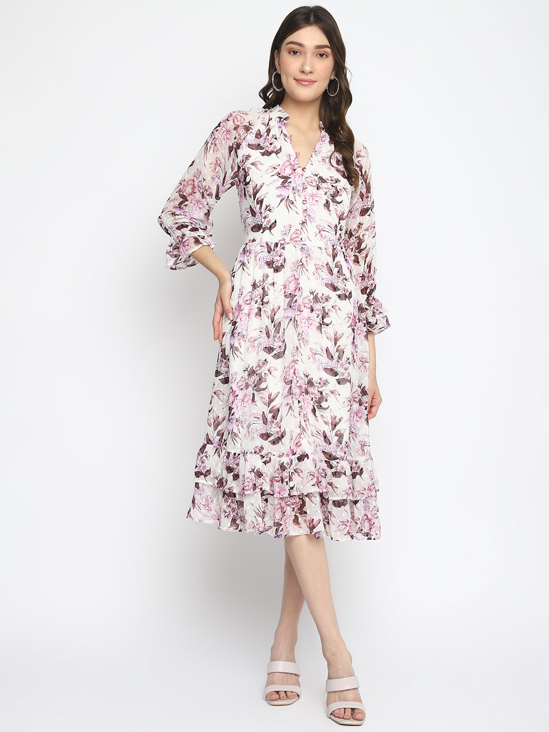 Lilac Three-Quarter Sleeves V-Neck Printed Knee Length Dress For Casual Wear