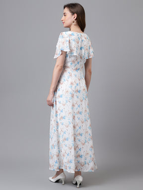 Blue Cap Sleeve V-Neck Printed Women Maxi Dress For Party