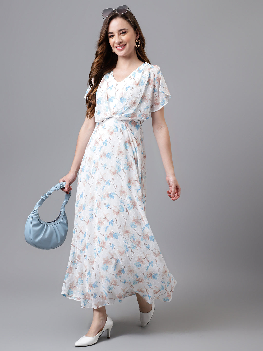 Blue Cap Sleeve V-Neck Printed Women Maxi Dress For Party