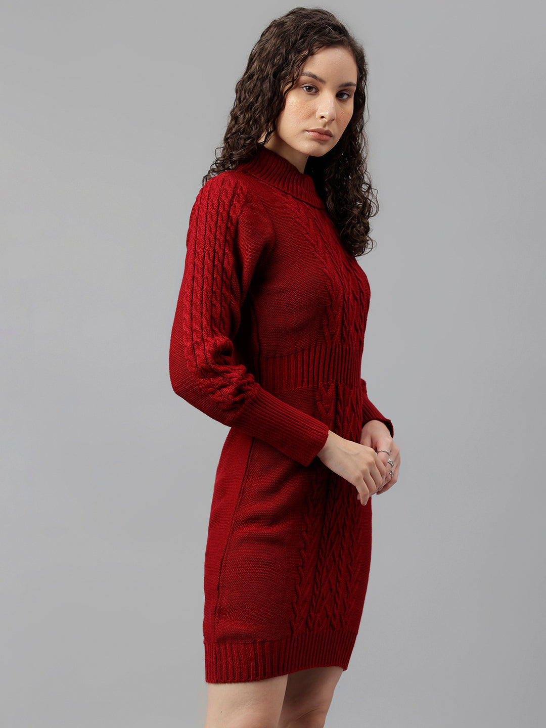 Red Full Sleeve Solid Shift Dress