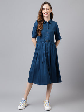 Blue Half Sleeve Solid Long Shirt Dress