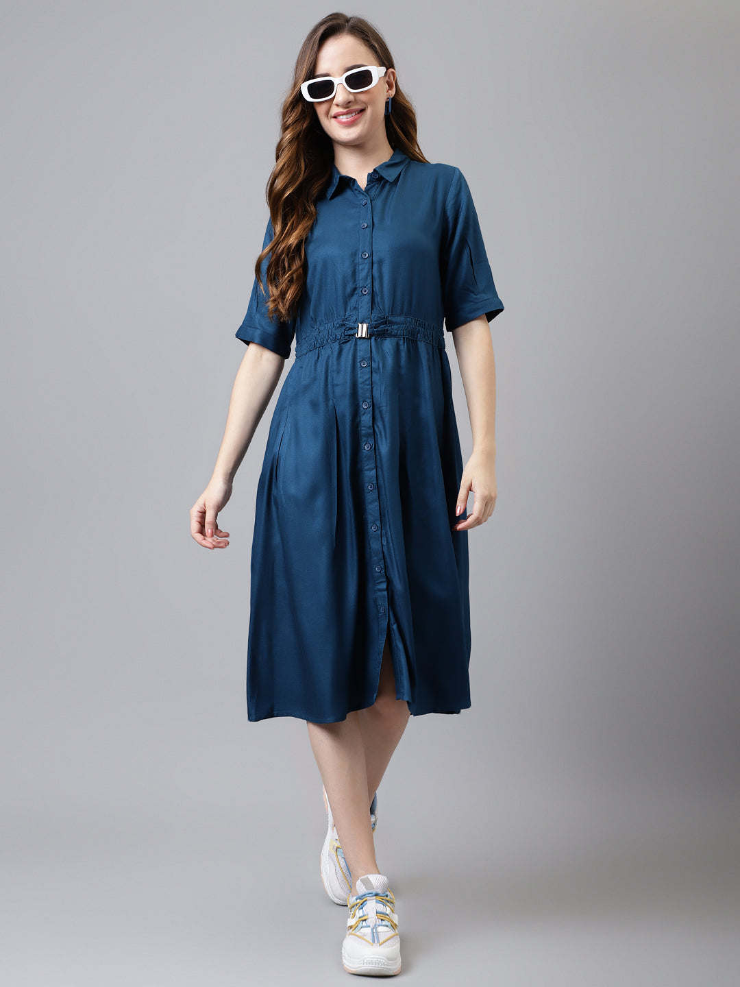Blue Half Sleeve Solid Long Shirt Dress