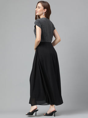 Black Short Sleeves V-Neck Solid Maxi Dress For Casual Wear