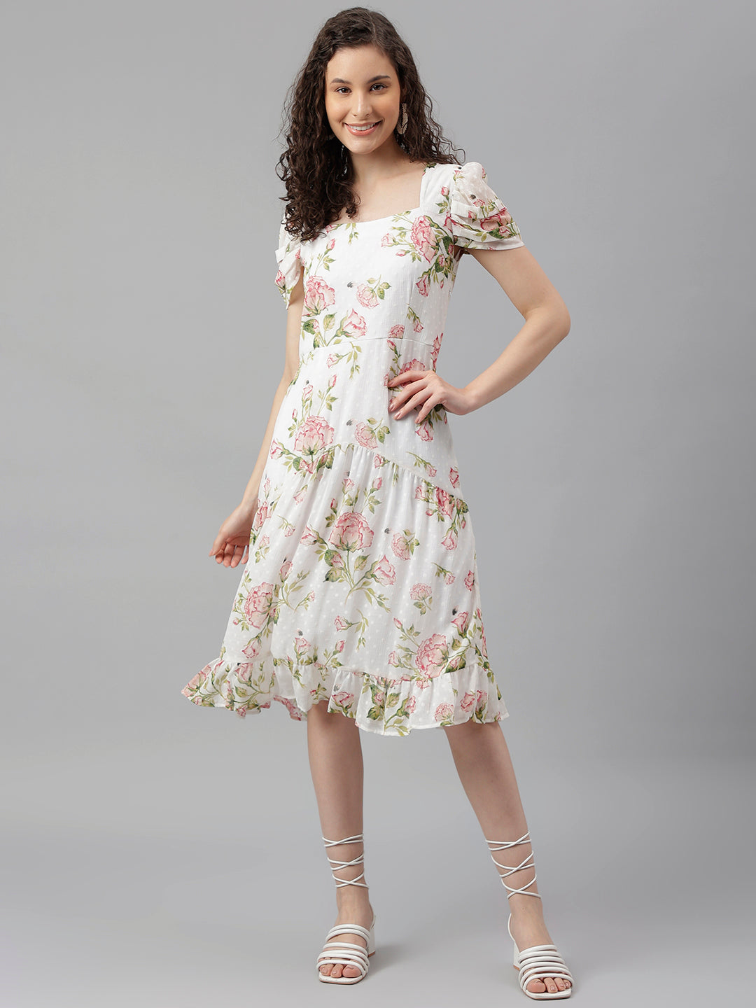Ivory Half Sleeve Floral Printed A-Line Dress