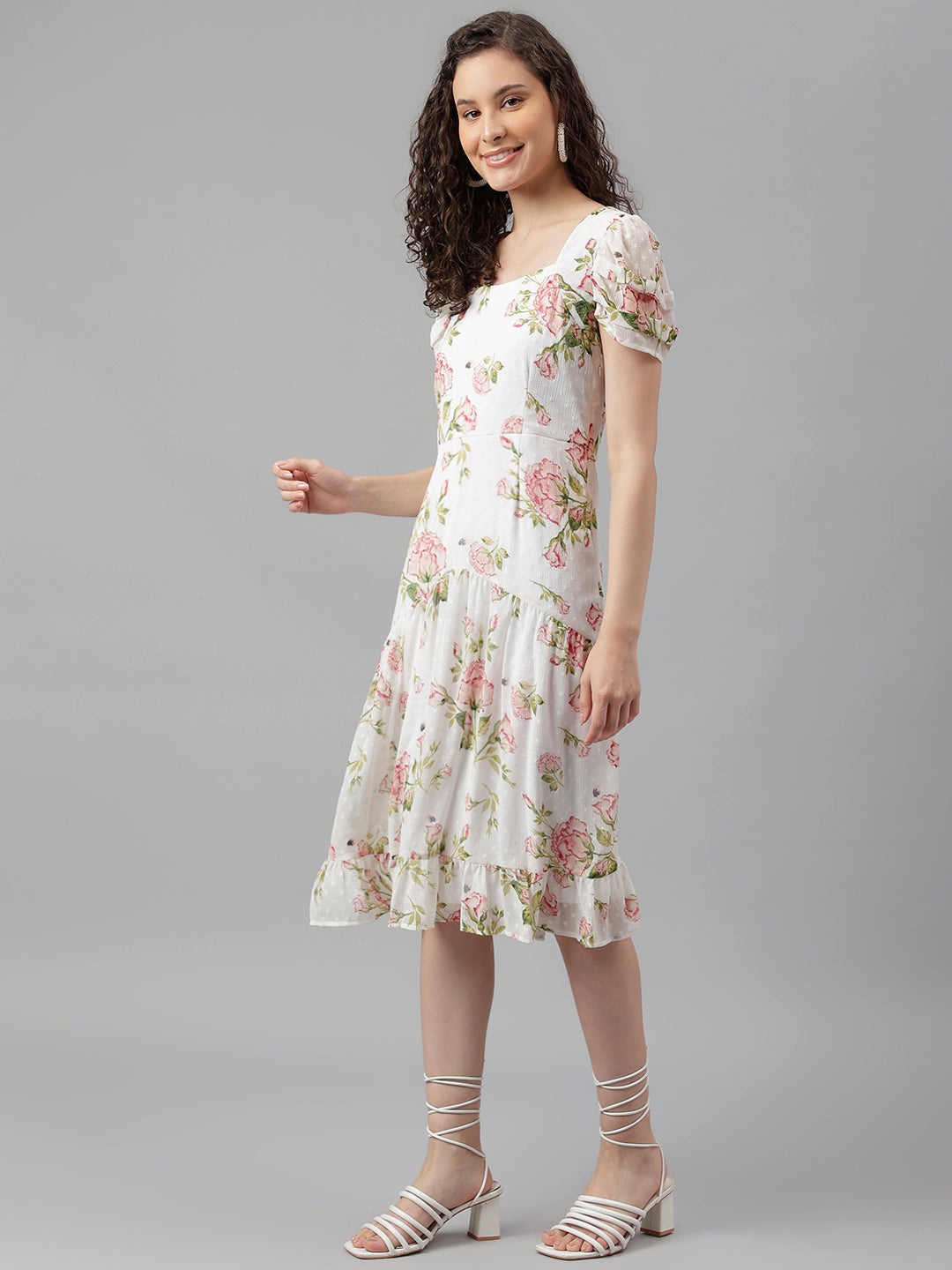 Ivory Half Sleeve Floral Printed A-Line Dress