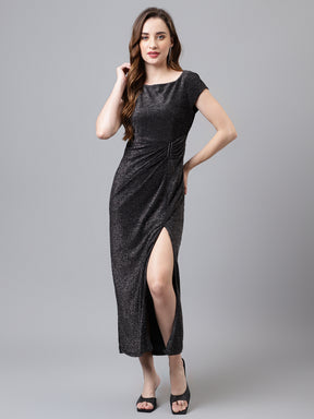 Black Cap Sleeve Round Neck Solid Maxi Dress For Women