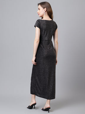 Black Cap Sleeve Round Neck Solid Maxi Dress For Women