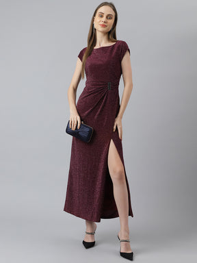 Maroon Cap Sleeve Round Neck Women Maxi Dress