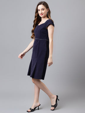 Blue Navy Cap Sleeve Solid Normal A-Line Dress