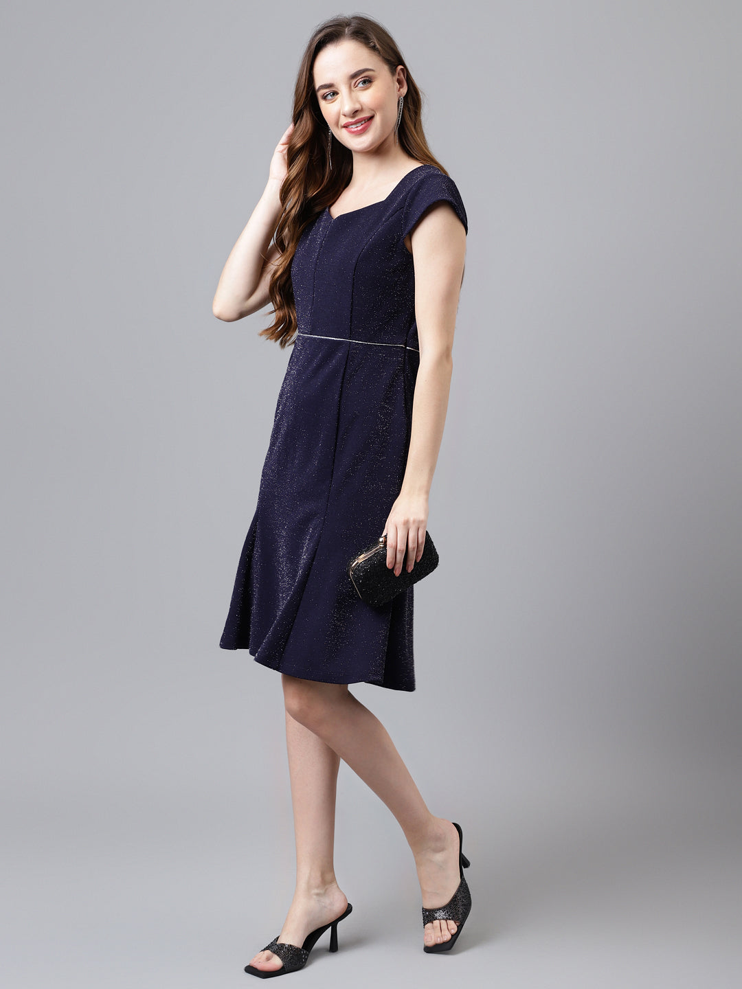 Blue Navy Cap Sleeve Solid Normal A-Line Dress