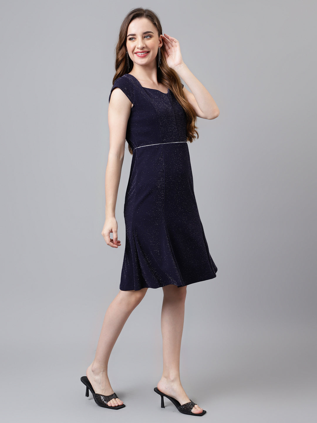 Blue Navy Cap Sleeve Solid Normal A-Line Dress