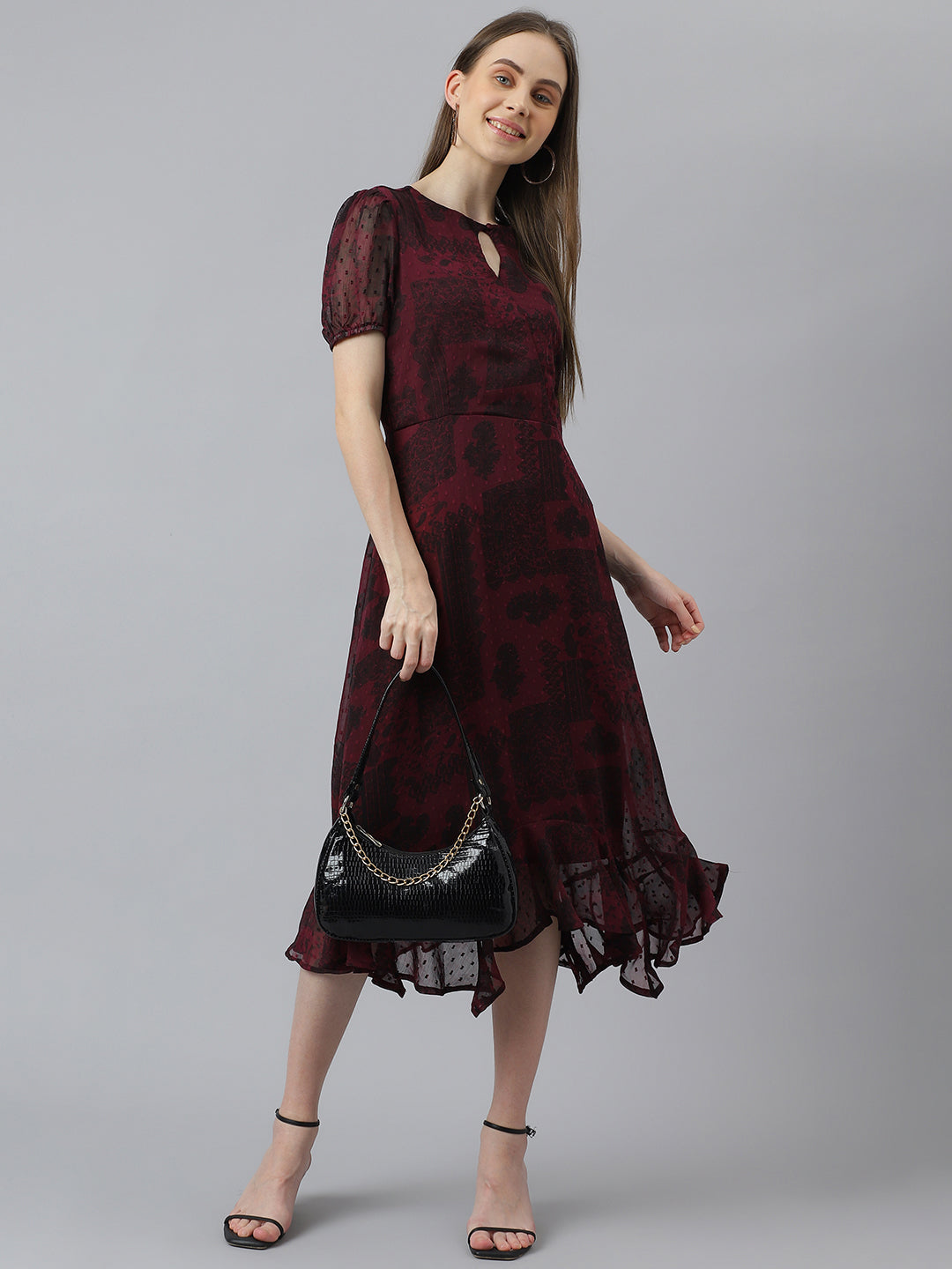 Maroon Half Sleeve Round Neck Long A-Line Women Dress for Party