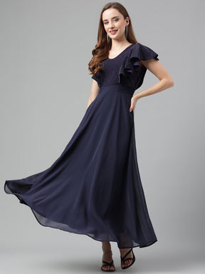 Blue Navy Short Sleeves V-Neck Solid Maxi Dress For Party Wear