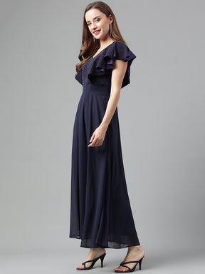 Blue Navy Short Sleeves V-Neck Solid Maxi Dress For Party Wear