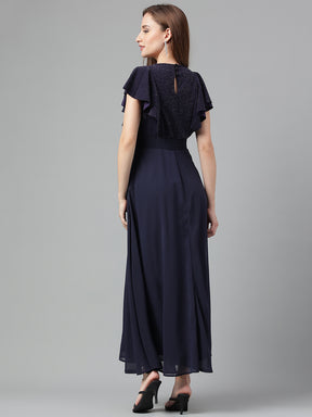 Blue Navy Short Sleeves V-Neck Solid Maxi Dress For Party Wear