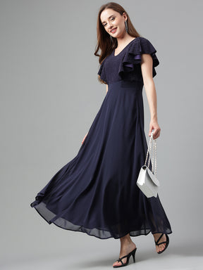 Blue Navy Short Sleeves V-Neck Solid Maxi Dress For Party Wear