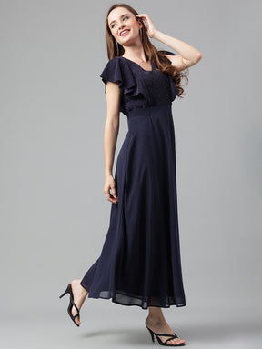 Blue Navy Short Sleeves V-Neck Solid Maxi Dress For Party Wear