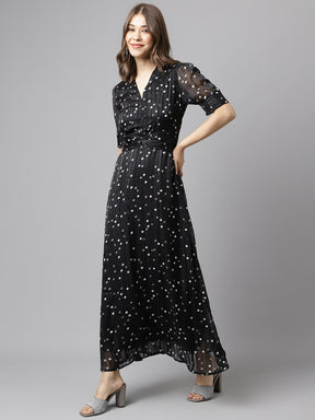 Black Short Sleeves V-Neck Printed Maxi Dress For Casual Wear