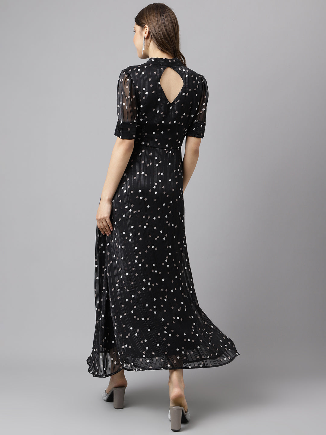 Black Short Sleeves V-Neck Printed Maxi Dress For Casual Wear