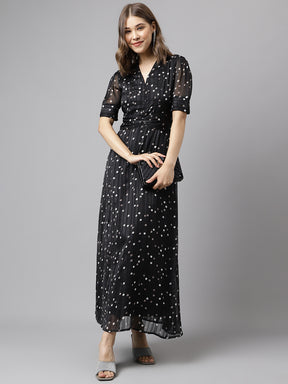 Black Short Sleeves V-Neck Printed Maxi Dress For Casual Wear