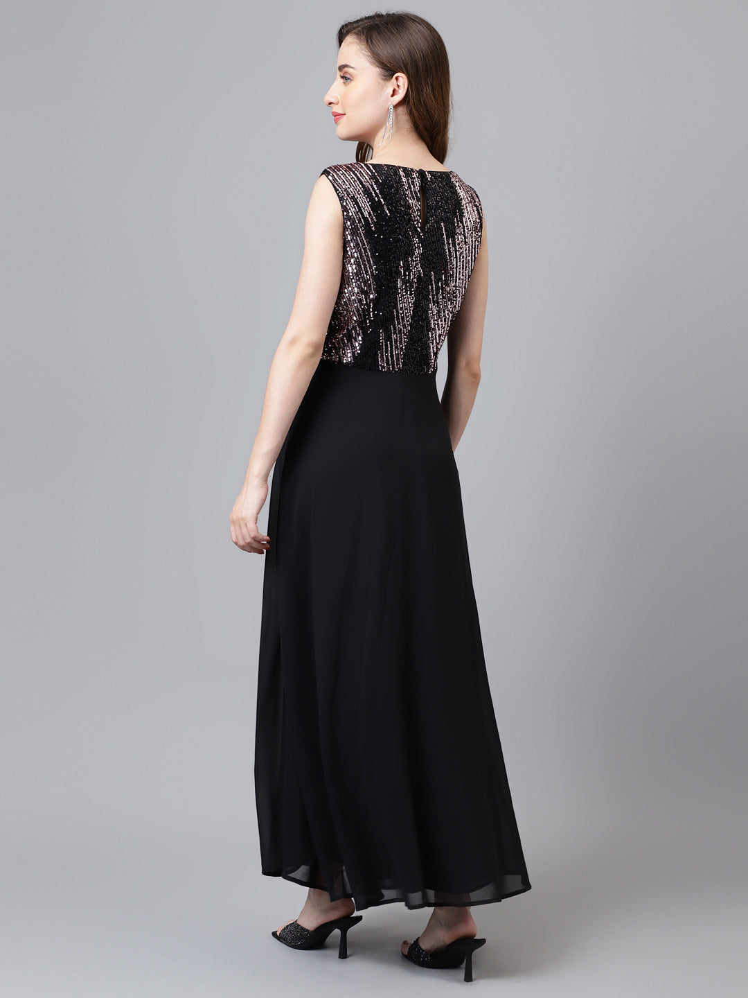 Black Sleeveless Solid Maxi Dress For Women & Girls