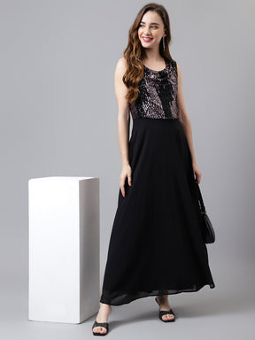 Black Sleeveless Solid Maxi Dress For Women & Girls