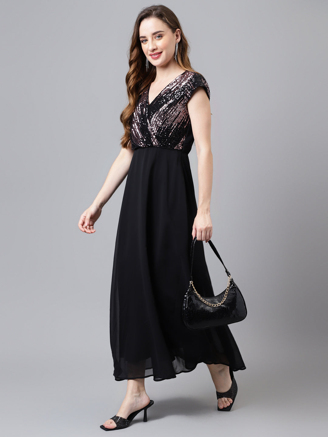 Black Cap Sleeve V-Neck Solid Women Maxi Dress for Casual