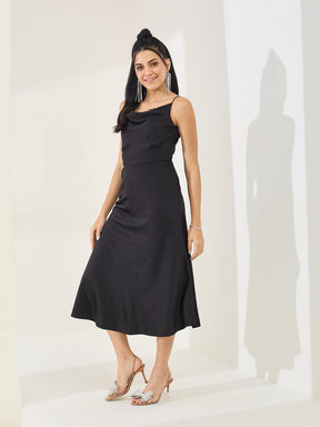 Latin Quarters Women's Black Solid Strappy Cowl Neck Party A-Line Dress
