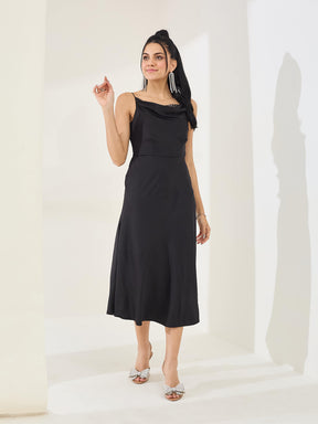 Latin Quarters Women's Black Solid Strappy Cowl Neck Party A-Line Dress