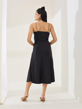 Latin Quarters Women's Black Solid Strappy Cowl Neck Party A-Line Dress