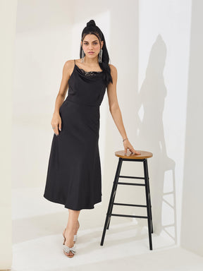 Latin Quarters Women's Black Solid Strappy Cowl Neck Party A-Line Dress
