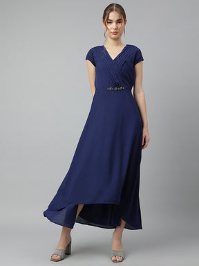 Blue V-Neck Short Sleeves Solid A-Line Dress For Casual Wear