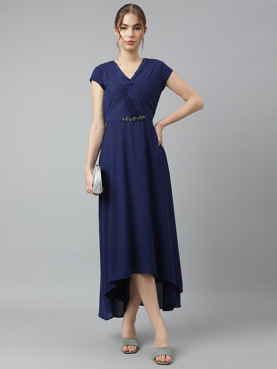 Blue V-Neck Short Sleeves Solid A-Line Dress For Casual Wear