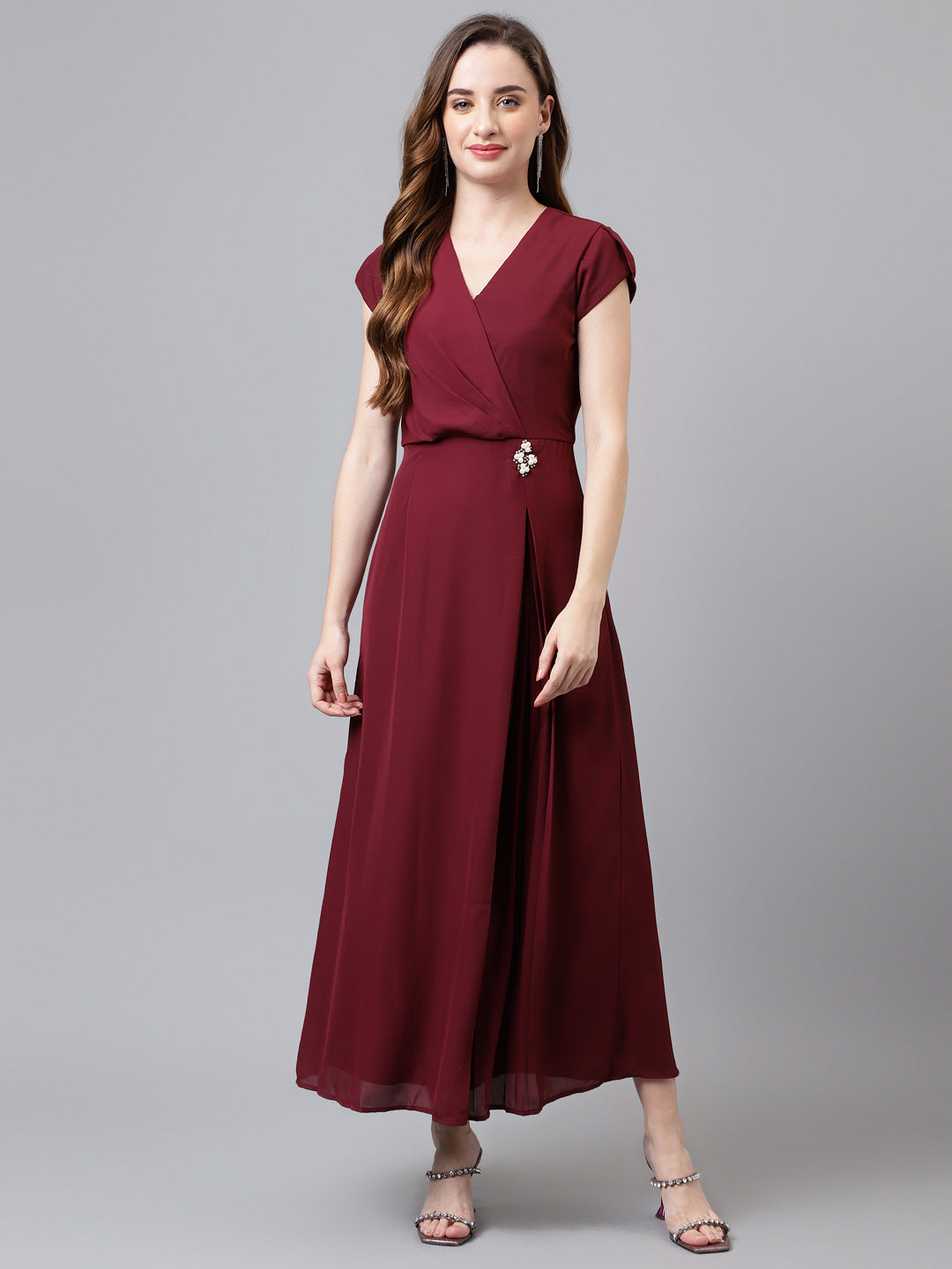 Maroon Cap Sleeve Solid Maxi Dress