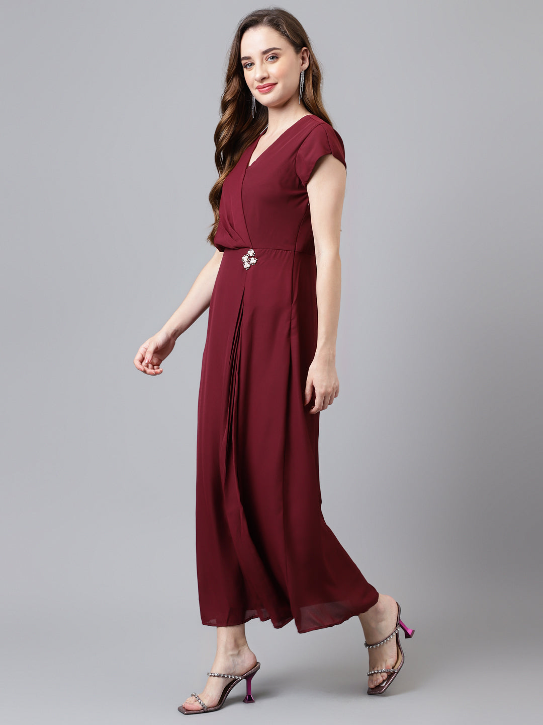 Maroon Cap Sleeve Solid Maxi Dress