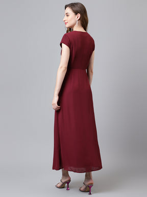 Maroon Cap Sleeve Solid Maxi Dress