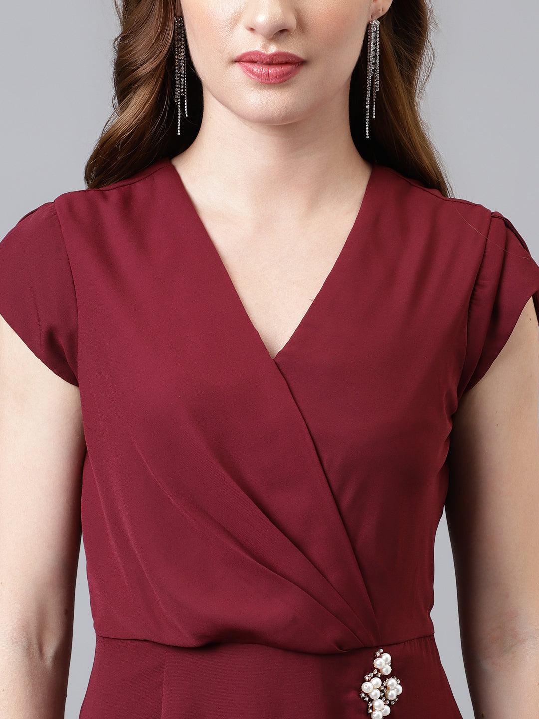 Maroon Cap Sleeve Solid Maxi Dress