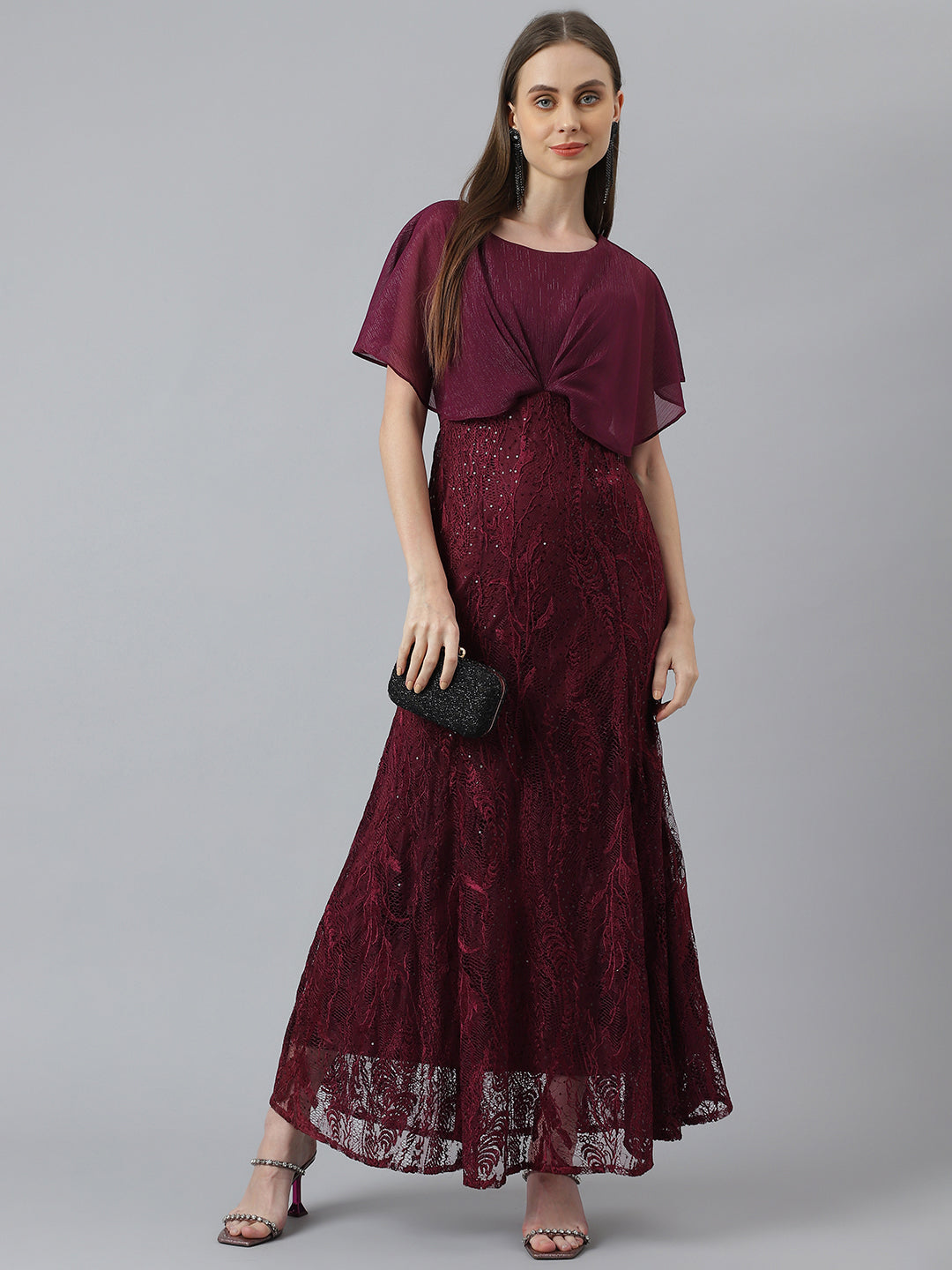 Cap Sleeves Maroon Maxi Dress Party Dress Sequins Gown for Girls