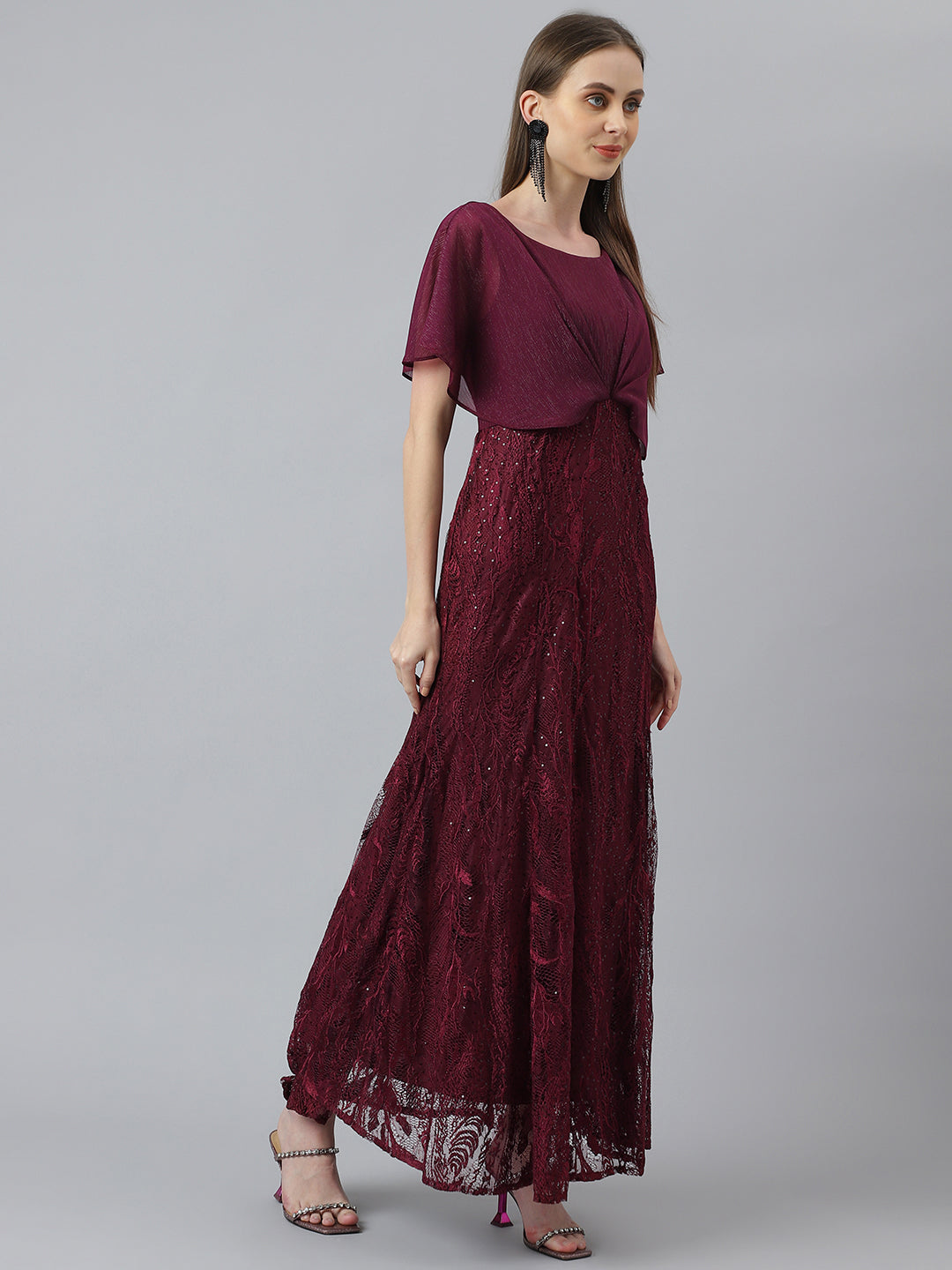 Maroon Cap Sleeve Maxi Dress For Women