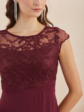 Latin Quarters Women Maroon Sequin Embellished Round Neck Cap Sleeves Fit & Flare Maxi Dress for Party Occasion
