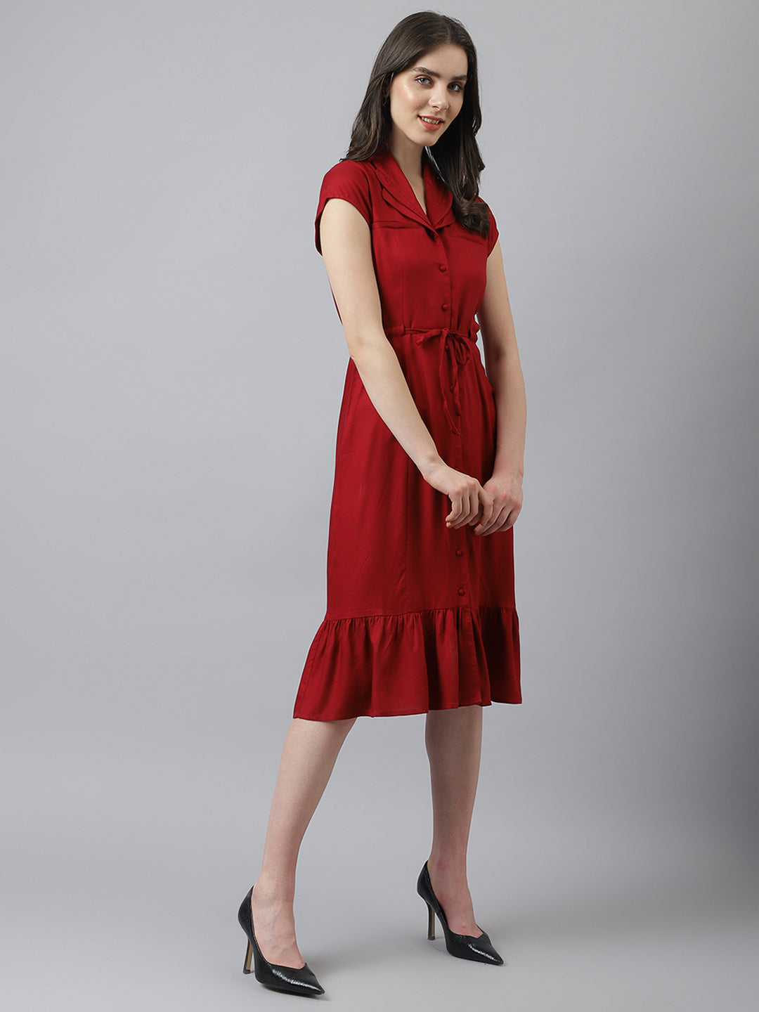 Wine Short Sleeves Shirt Collar Solid Knee Length Dress For Casual Wear