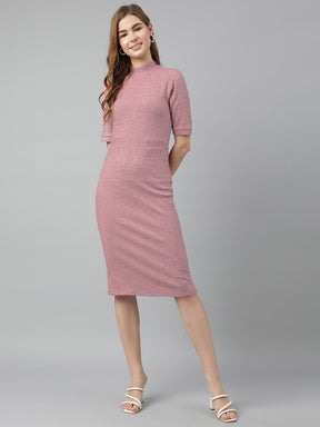 Lilac Round Neck Short Sleeves Solid Bodycon Dress For Casual Wear