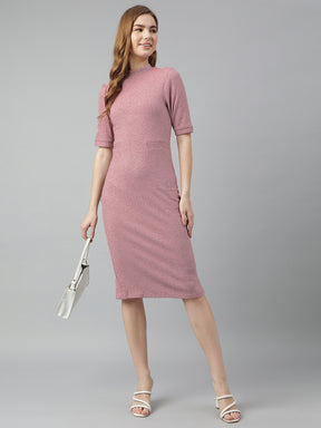 Lilac Round Neck Short Sleeves Solid Bodycon Dress For Casual Wear