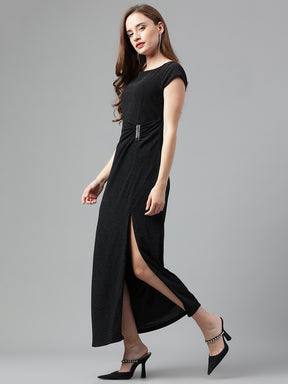 Black Half Sleeves Round Neck Solid Maxi Dress For Party Wear