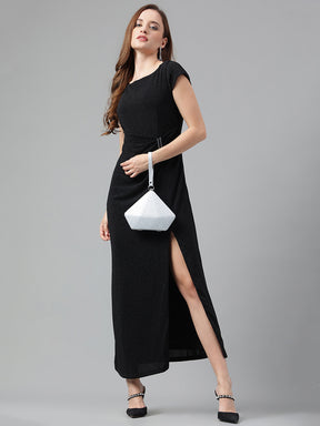 Black Half Sleeves Round Neck Solid Maxi Dress For Party Wear