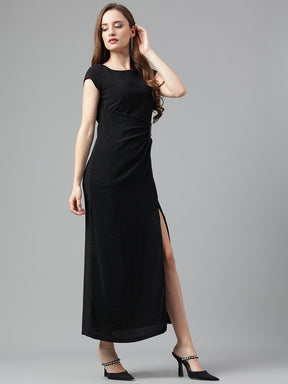 Black Half Sleeves Round Neck Solid Maxi Dress For Party Wear