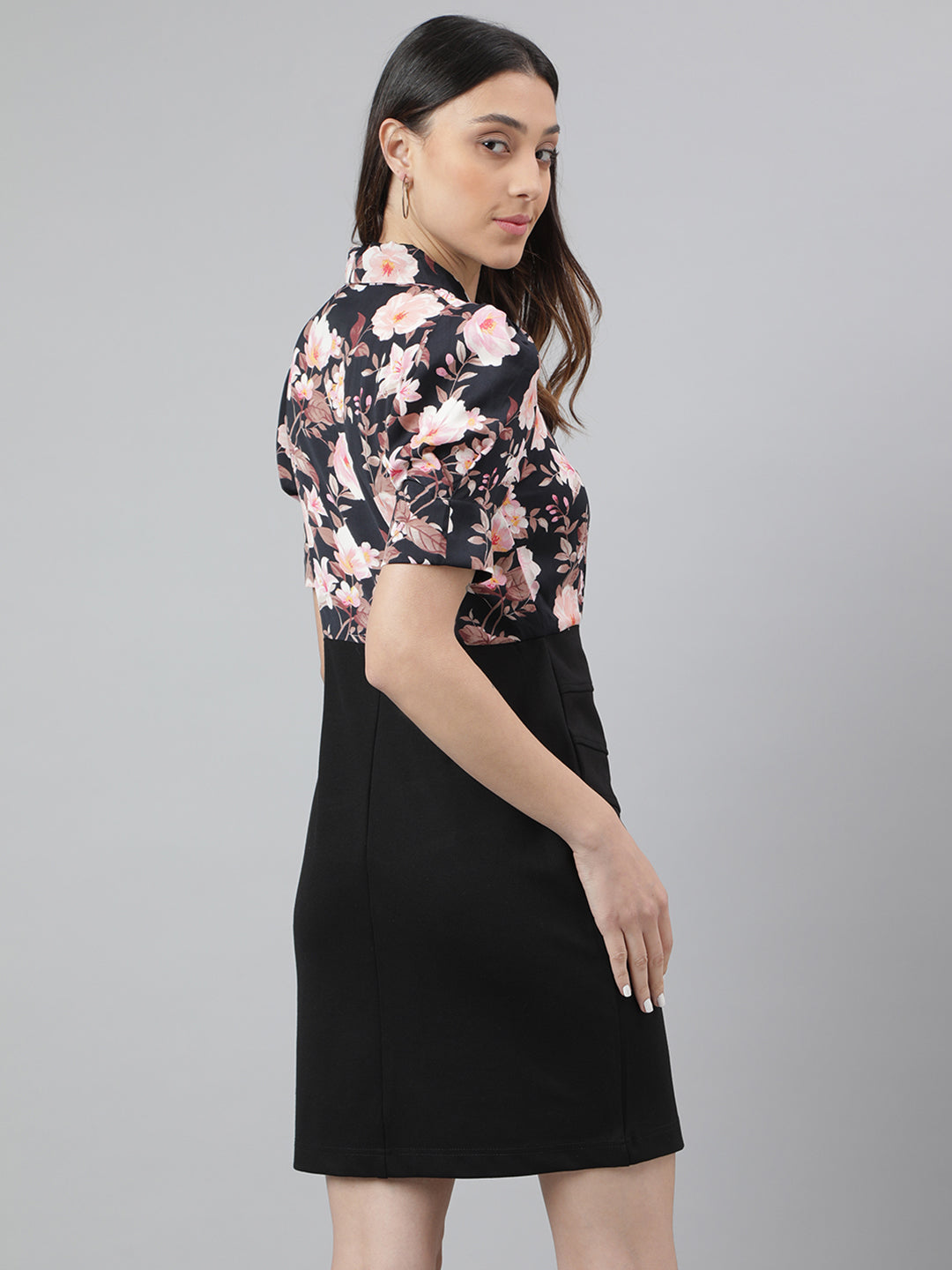 Black Half Sleeve Collar Neck Floral Print 2 Fir 1 Women Dress for Casual