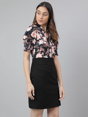 Black Half Sleeve Collar Neck Floral Print 2 Fir 1 Women Dress for Casual